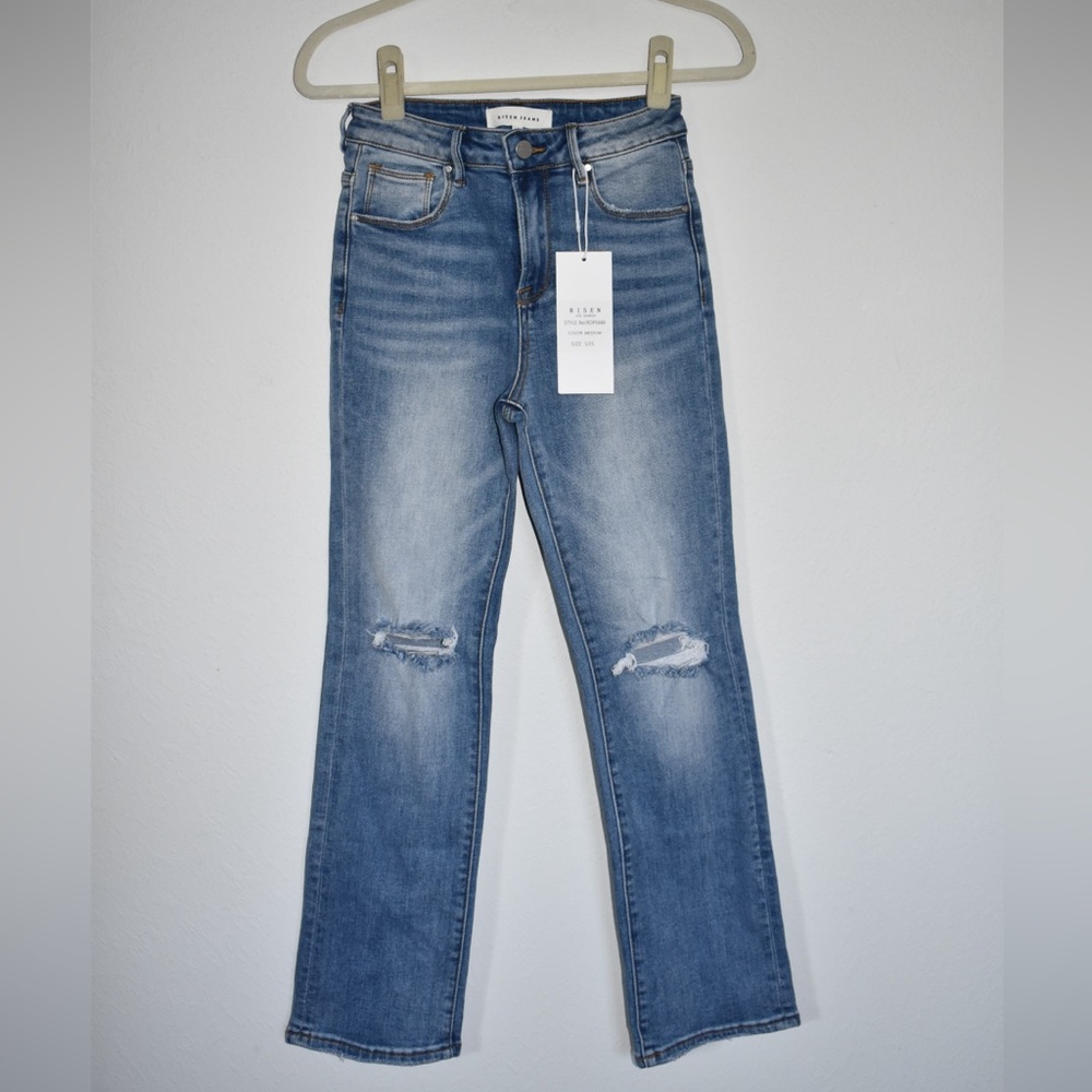 Risen Jeans High Rise Distressed Straight Blue Denim Medium Wash Womens Jeans